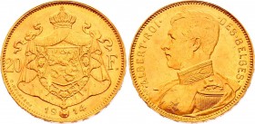 Belgium 20 Francs 1914
KM# 78; Albert; Gold (.900) 6.45g.; AUNC