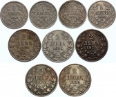 Bulgaria Lot of 9 Silver Coins 1925
1 - 2 Leva; Boris III; Silver; VF-XF