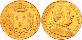 France 20 Francs 1815 A
KM# 706.1; Gold (.900), 6.45g. AUNC, mint luster.