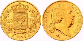 France 20 Francs 1824 A
KM# 712; Gold (.900), 6.45g. XF, mint luster.