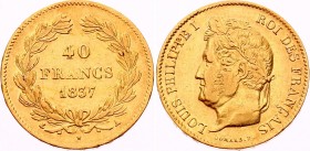 France 40 Francs 1837 A
KM# 747.1; Louis-Philippe I. Gold (.917), 12.9g. XF. Mintage 28,140. Not common.