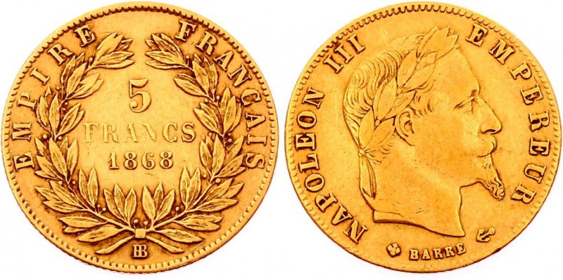 France 5 Francs 1868 BB
KM# 803.2; Gold (.900) 1.61g 17mm; Mintage 723,254; Nap...