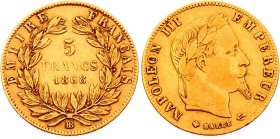 France 5 Francs 1868 BB
KM# 803.2; Gold (.900) 1.61g 17mm; Mintage 723,254; Napoleon III