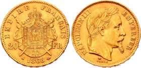 France 20 Francs 1868 A
KM# 801.1; Gold (.900), 6.45g. AU-UNC.