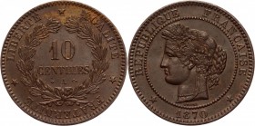 France 10 Centimes 1870 A
KM# 815; Bronze 10,05 g.; Plain edge; Paris mint; Coin from an old collection; Deep brown cabinet patina with underlying lu...
