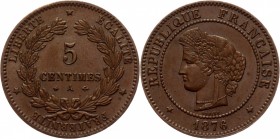 France 5 Centimes 1876 A
KM# 821; Bronze 4,96 g.; Plain edge; Paris mint; Coin from an old collection; Deep brown cabinet patina with underlying lust...