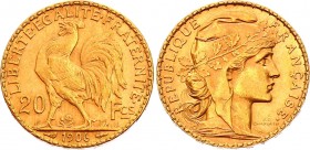 France 20 Francs 1906 A
KM# 847; Gold (.900), 6.45g. UNC.