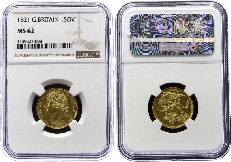 Great Britain 1 Sovereign 1821 NGC MS 62
KM# 682, Sp# 3800; Gold (.916); George...