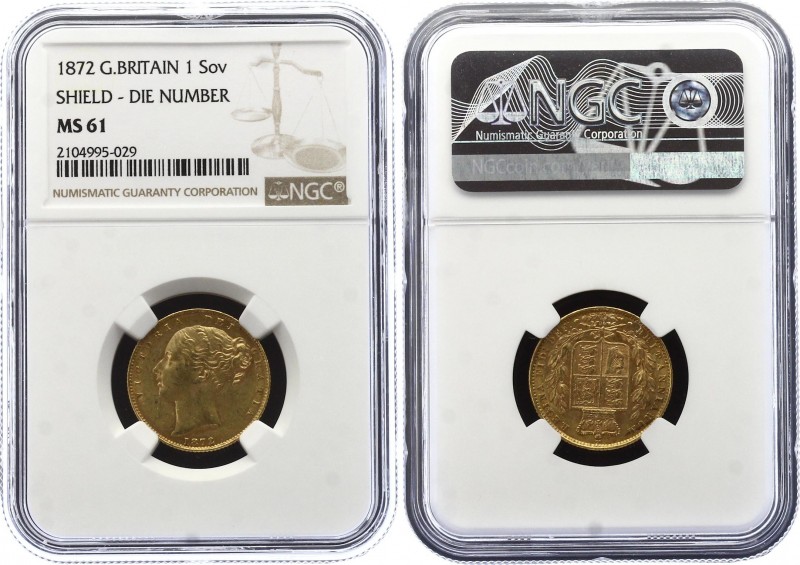 Great Britain 1 Sovereign 1872 NGC MS61
KM# 736; Gold (.917), 7.98g. UNC. Die n...