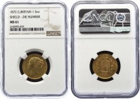 Great Britain 1 Sovereign 1872 NGC MS61
KM# 736; Gold (.917), 7.98g. UNC. Die number 48
