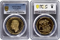 Great Britain 5 Pounds 1937 PROOF PCGS PR63
KM# 861, Sp# 4074; George VI. Gold (.9167), 39.9g. Mintage 5,500. Struck in London.
