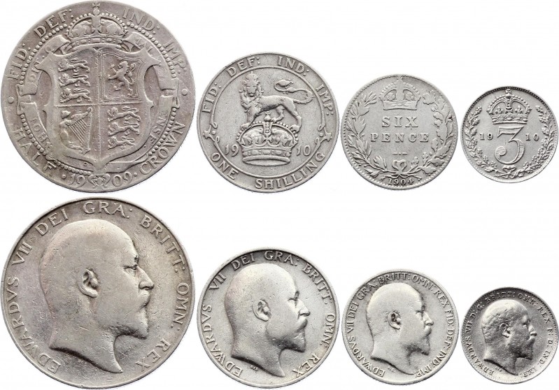 Great Britain Lot of 4 Silver Coins 1904-10
3 Pence - 6 Pence - 1 Shilling - 1/...