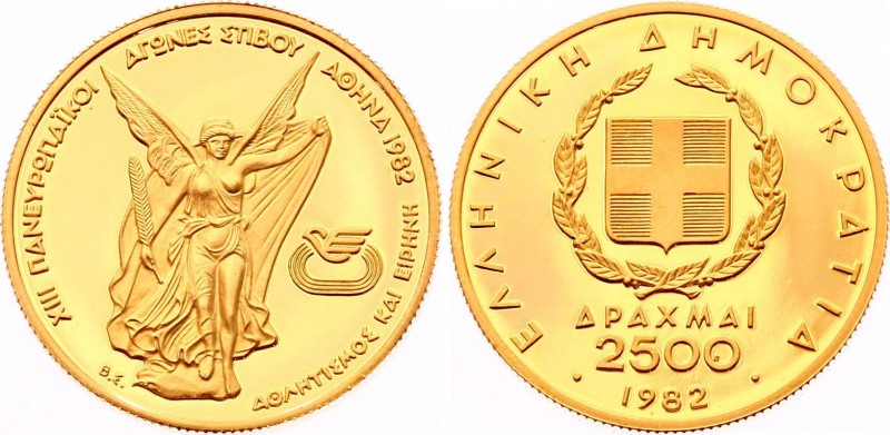 Greece 2500 Drachmai 1982 Pan-European Games
KM# 142; Gold (.900), 6.45g. Proof...