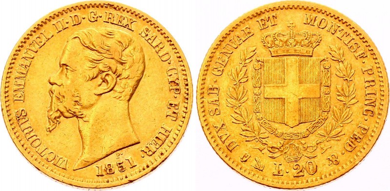 Italian States Kingdom of Sardinia 20 Lire 1851 P
KM# 146; Carlo Alberto. Gold ...