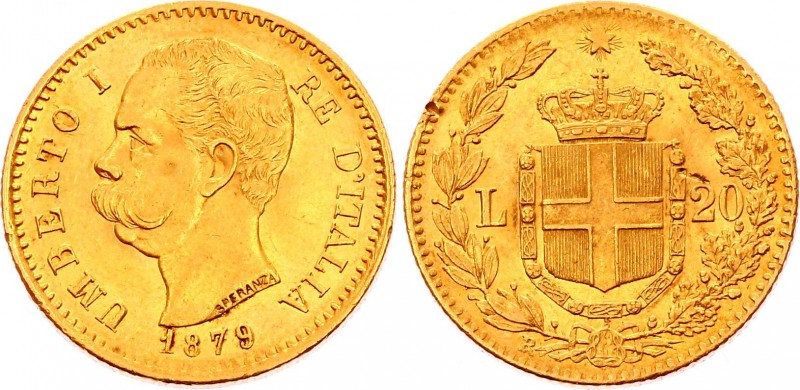 Italy 20 Lire 1879 R
KM# 21. Umberto I, 1881-1899. Gold (.900), 6.45g. UNC. Ful...