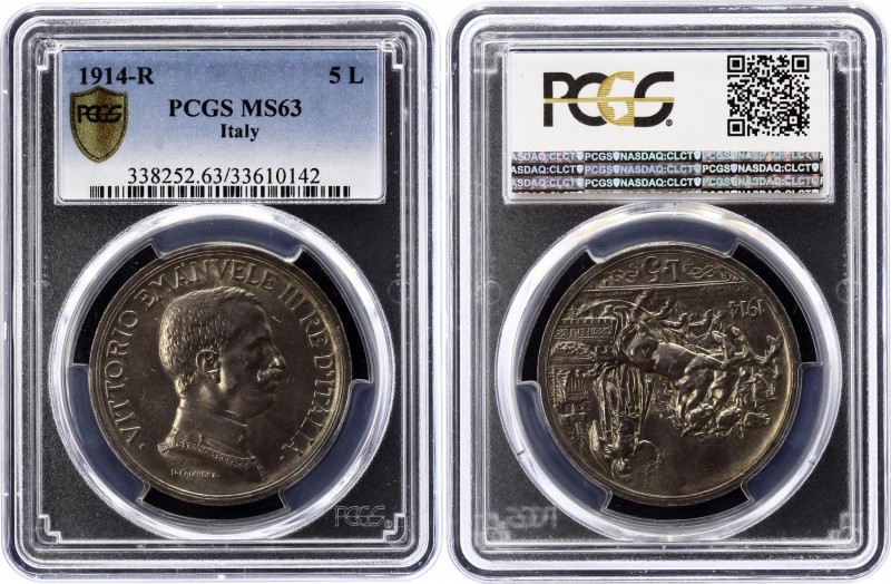 Italy 5 Lire 1914 R PCGS MS63 TOP
KM# 56, Pagani 708 RR. Vittorio Emanuele III ...