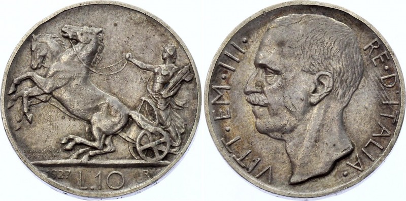 Italy 10 Lire 1927 R
KM# 68; Silver; Vittorio Emanuele III; XF+