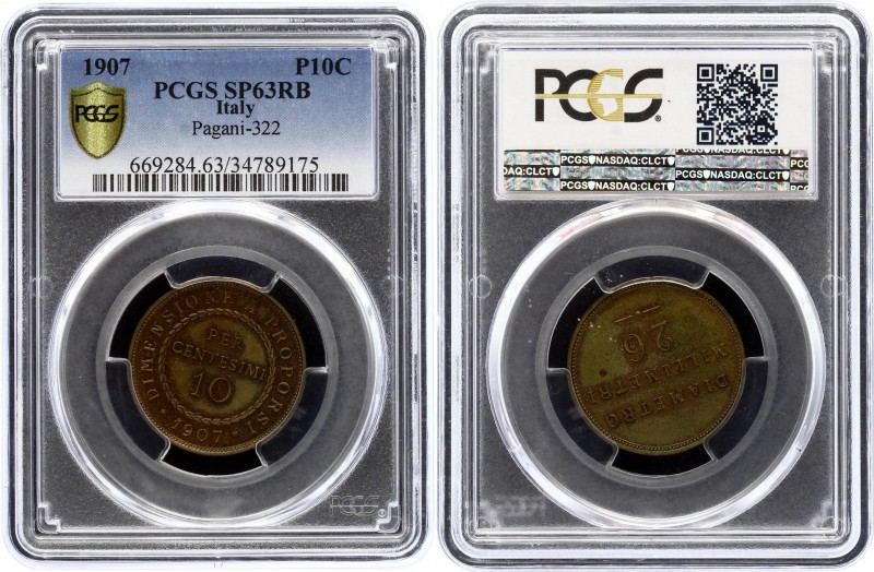 Italy 10 Centesimi 1907 PCGS SP63RB
Vittorio Emanuele III (1900-1946). DIMENSIO...