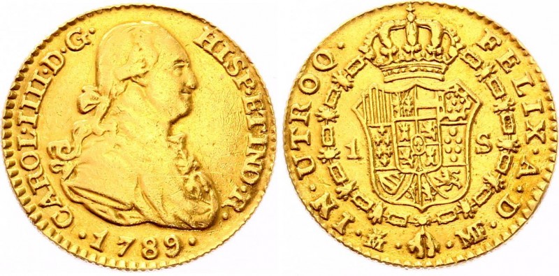 Spain 1 Escudo 1789 MMF
KM# 434; Carlos IV. Gold (.875), 3.3g. XF.