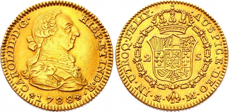 Spain 2 Escudos 1788 MMF
KM# 435.1; Carlos IV. Gold (.875), 6.7g. AUNC.