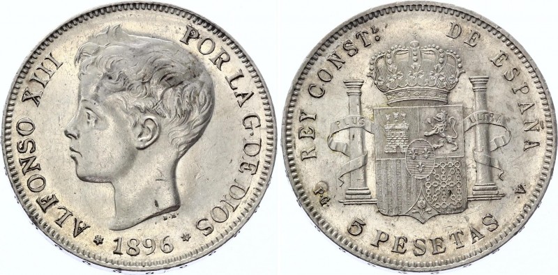 Spain 5 Pesetas 1896 PGV
KM# 707, Cal# 24; Alfonso XIII; Silver, AU-UNC, strong...