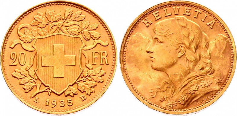 Switzerland 20 Francs 1935 LB
KM# 35.1; Gold (.900) 6.45g; UNC