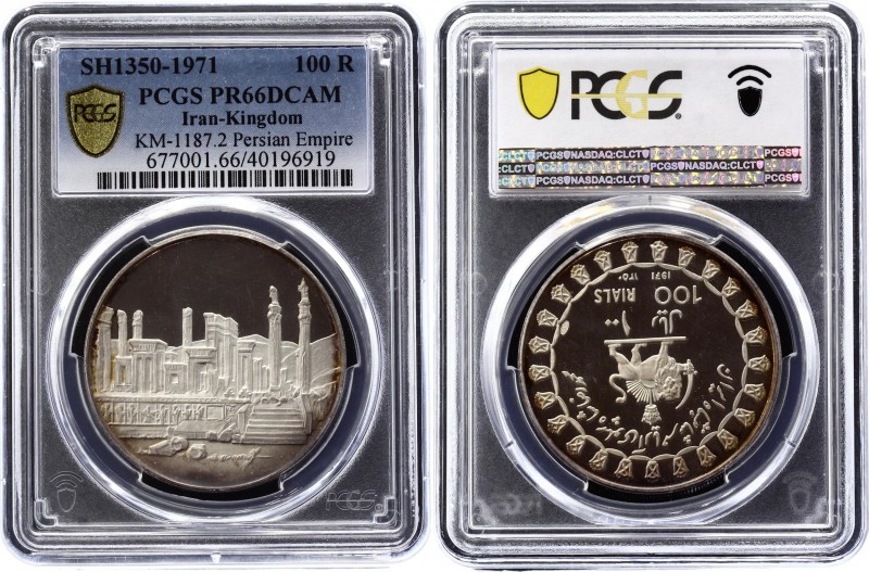 Iran 100 Rials 1971 AH 1350 PCGS PR 66 DCAM
KM# 1187; 2500th Anniversary of Per...