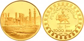 Iran 1000 Rials 1971
KM# 1191; 2500th Anniversary of the Persian Empire. Mohammad Reza Shah Pahlavi. Gold (.900), 13g, Proof. Mintage 10000.