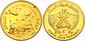Yemen 20 Rials 1969 Apollo 11
KM# 8; Apollo 11 Moon Landing. Gold (.900), 19.6g. Proof. Rare.