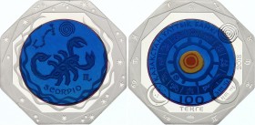 Kazakhstan 100 Tenge 2018
Bi-Metallic Tantalum (.999) 15g Center in Silver (.925) 10g Ring; Total Weight 25g 38.61mm; Zodiac Signs - Scorpio; Mintage...