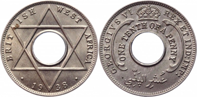 British West Africa 1/10 Penny 1938
KM# 20; Copper-Nickel 1,93g.; George VI; AU...