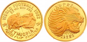 Ethiopia 200 Birr 1982
KM# 67; World football championship 1982. Gold, 7.16g. Proof with scratches. Mintage 1310.