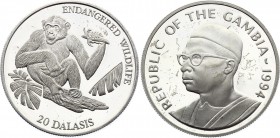 Gambia 20 Dalasis 1994
KM# 38; Silver Proof; Chimpansee