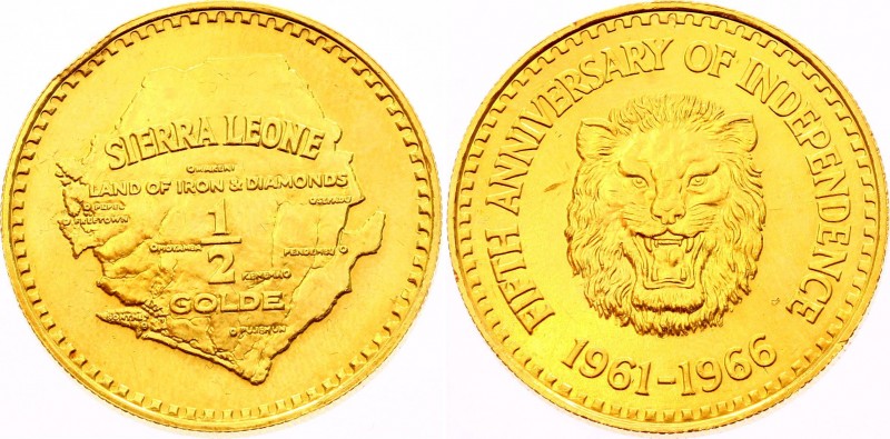 Sierra Leone 1/2 Golde 1966
KM# 23; Gold (.900), 27.27g. Mintage 2,500.