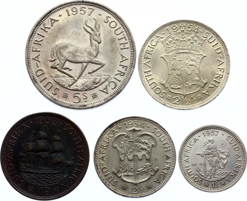 South Africa Lot of 5 Coins 1953-57
1 Penny - 1 - 2 - 2-1/2 - 5 Shillings; Eliz...