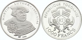 Togo 1000 Francs 1999
KM'# 16; Silver (.999) 15g Proof; Martin Luther
