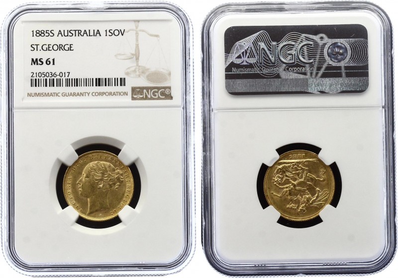 Australia 1 Sovereign 1885 S NGC MS61
KM# 6; Gold (.917), 7.98g. UNC.