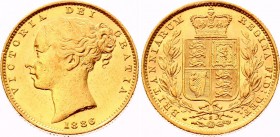 Australia 1 Sovereign 1886 S
KM# 6; Gold (.917), AU-UNC, remains of mint luster.