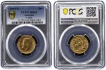 Australia 1 Sovereign 1914 P PCGS MS 63
KM# 29; Gold (.917) 7.98g 21mm; George V