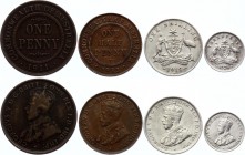 Australia Lot of 4 Coins 1911-33
1/2 Penny - 1 Penny - 3 Pence - 1 Shilling; George V; Bronze; Silver; VF-XF
