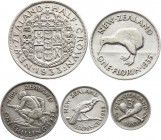 New Zealand Lot of 5 Silver Coins 1933-35
3 Pence - 6 Pence - 1 Shilling - 1 Florin - 1/2 Crown; George V; Silver; VF-XF