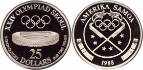 American Samoa 25 Dollars 1988 Rare
KM# 9; Silver 155,52g.; Mintage 100 Pcs; Olympic; Chamshil Stadium; Proof