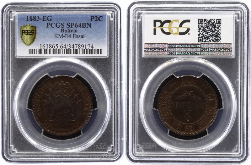 Bolivia 2 Centavos 1883 EG Essai PCGS SP64BN
KM# E4; Bronze ESSAI. UNC, mint lu...