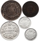 Canada Lot of 5 Coins with Silver 1861 -1900
1/2 - 1 - 5 - 5 - 25 Cents; Bronze; Silver; VF-XF