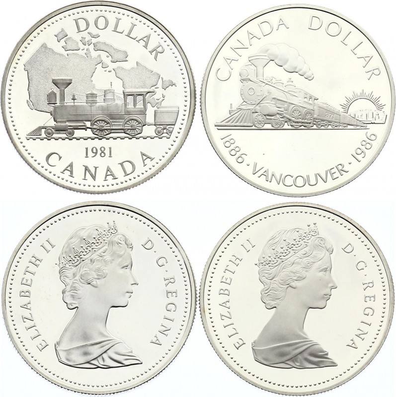 Canada Lot 2 x 1 Dollar 1981 - 1986
KM# 130,149; Two Proof Silver Coins; Railwa...