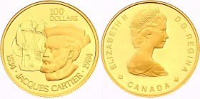 Canada 100 Dollars 1984 Jacques Cartier
KM# 287; 450th anniversary of Cartier's landing at Gaspé. Gold (.9167) 16.965g. Mintage 67,662. Proof.