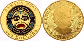 Canada 300 Dollars 2008 Moon Mask
KM# 828. Mintage 1200. Gold (.583), 60g. Original box & COA.