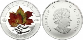 Canada 10 Dollar 2013
KM# 1424a; Silver Proof; Three Colour Maple Leaves; With Certificate