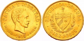 Cuba 10 Pesos 1915
KM# 20; Jose Marti; Gold (.900) 16.71g. AUNC