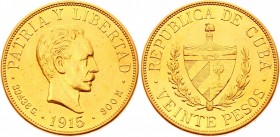 Cuba 20 Pesos 1915
KM# 21; Jose Marti; Gold (.900) 33.4g. UNC